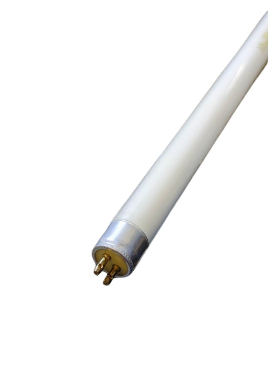 Denko 8W T5 UV fluorescent tube with metallic end caps and pins on black background