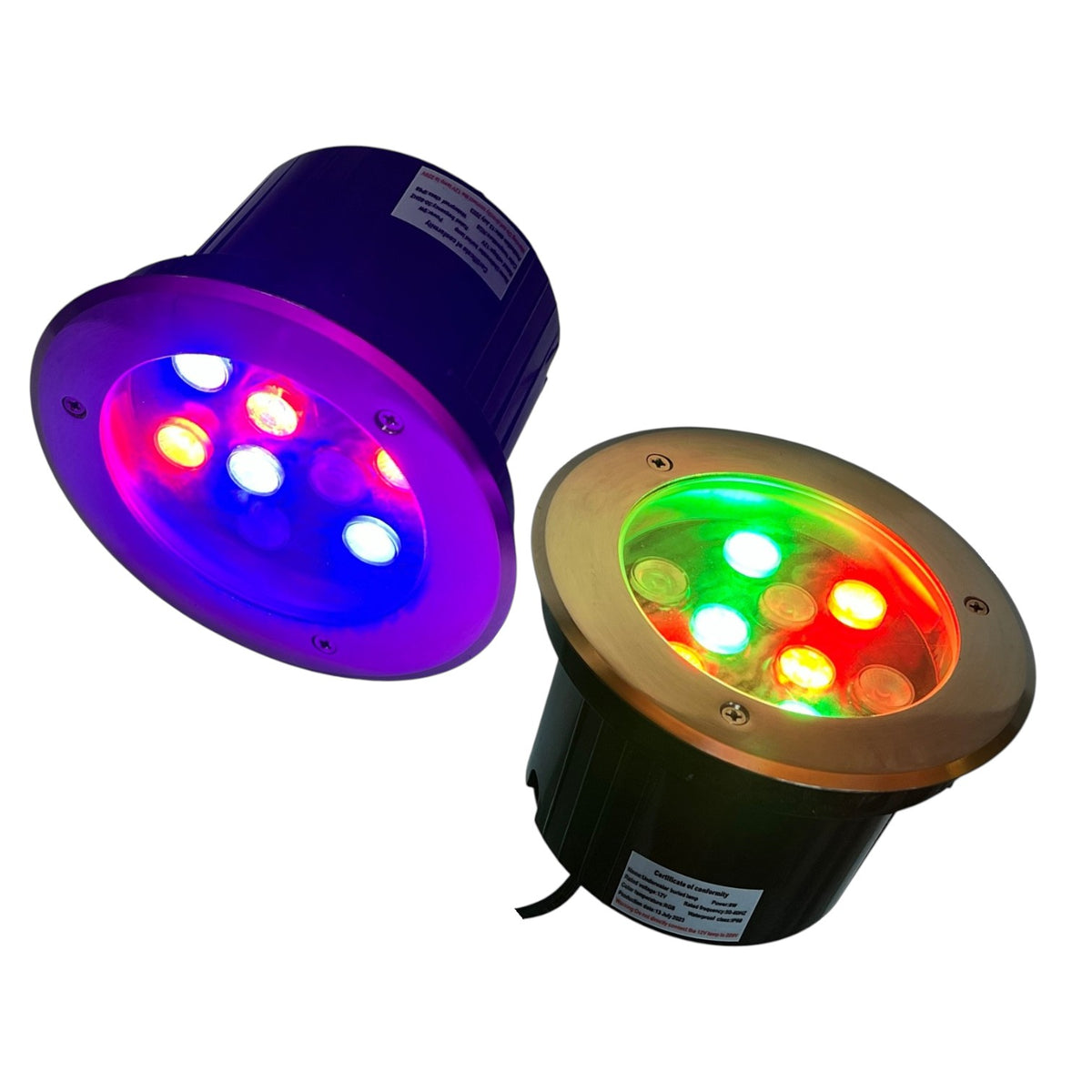 Two colorful LED lights on a white background