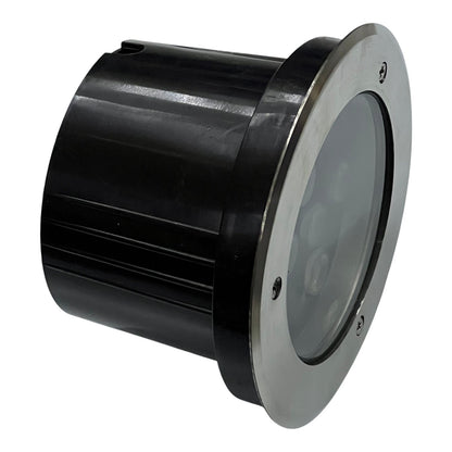 Black cylindrical light fixture with metallic rim on a white background