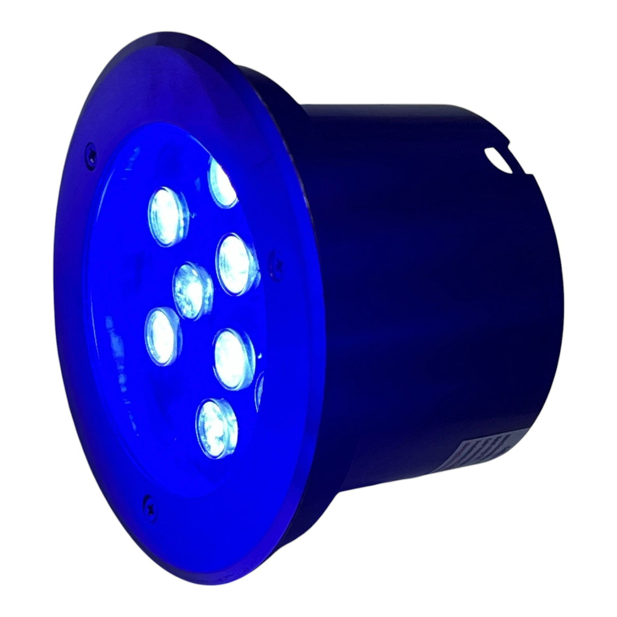 Blue LED light fixture with multiple bulbs on a white background