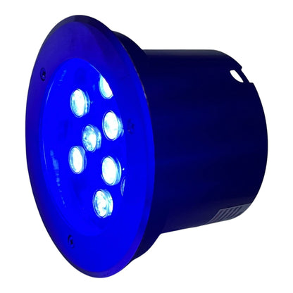 Blue LED light fixture with multiple bulbs on a white background