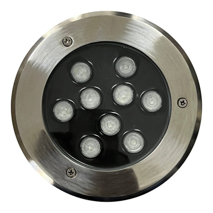 Round metallic outdoor light fixture with multiple LED lights on a white background
