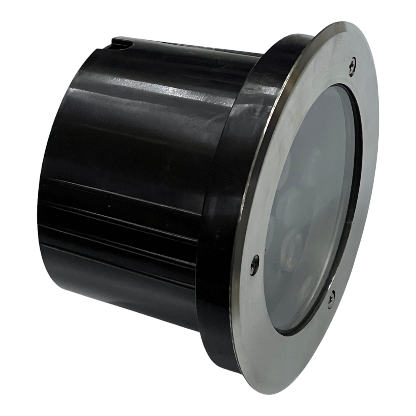 Black cylindrical light fixture with metallic rim on a white background