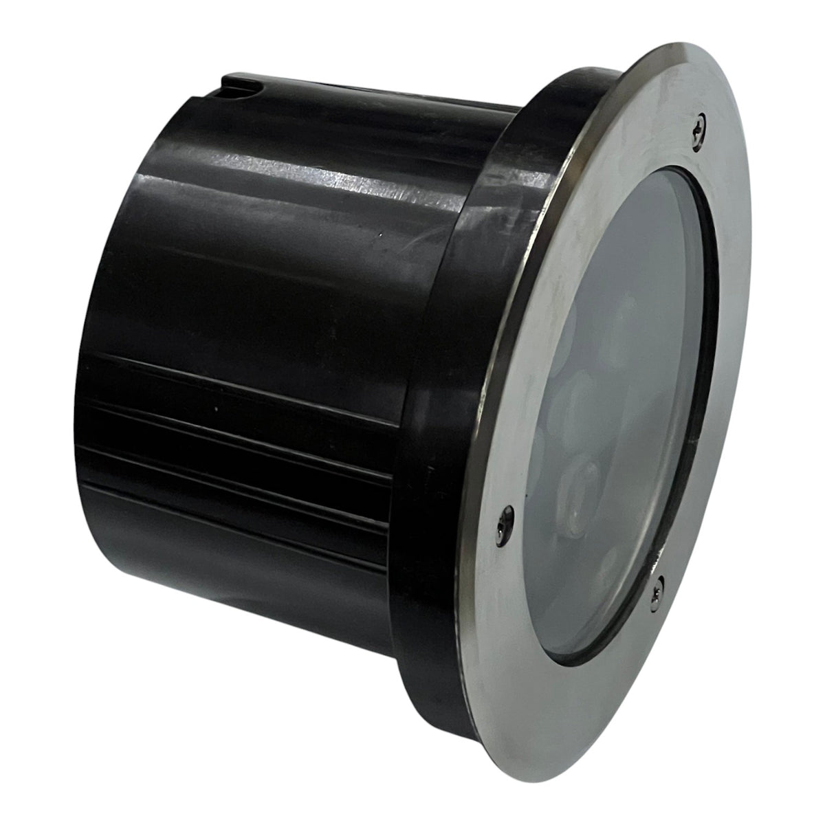Black cylindrical light fixture with metallic rim on a white background