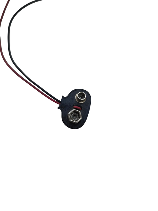 Black 9V battery snap connector with red and black wires for RC vehicles and batteries