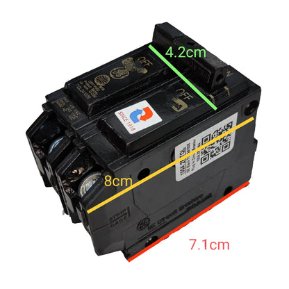 GE 100A circuit breaker TQL 10KAIC with dimensions 8cm by 7.1cm by 4.2cm for electrical safety