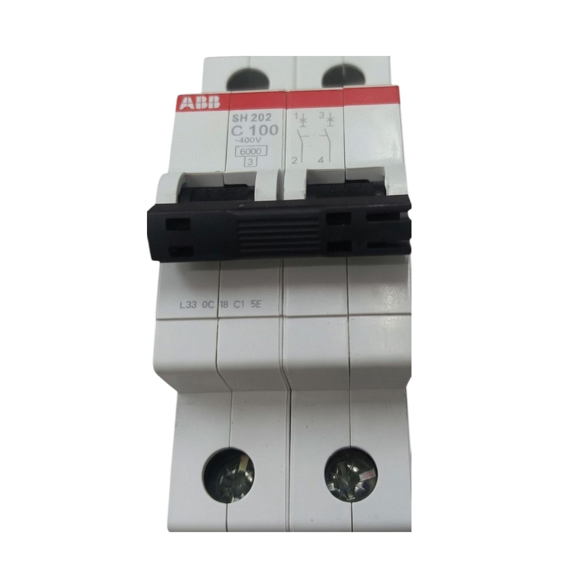 An ABB circuit breaker module, model SH 203 C 100, featuring a white plastic housing, a red brand label, and a black lever handle, shown on a plain white background.
