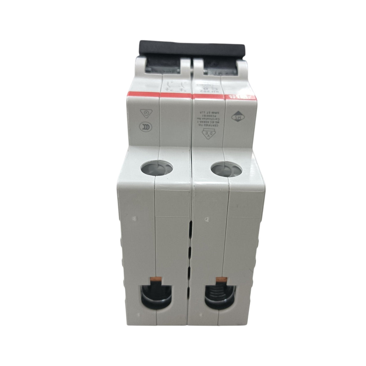 A two-pole modular circuit breaker with a white plastic housing, black switch handles, and a red label strip on a plain white background.