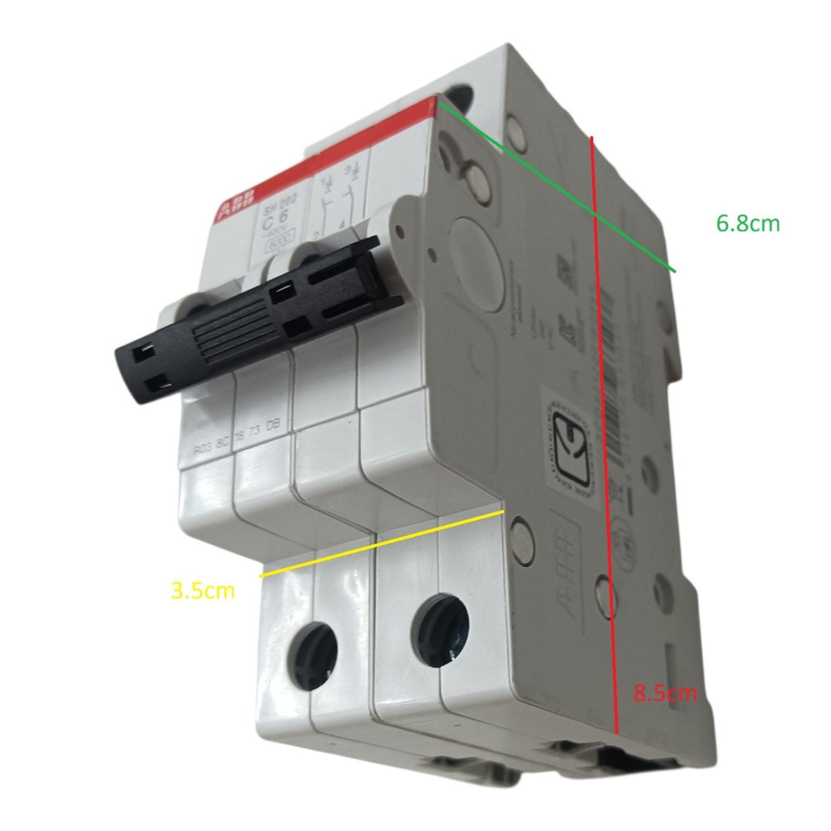 A modular electrical circuit breaker module shown on a plain white background with colored dimension lines and text labels indicating measurements of 6.8 cm, 3.