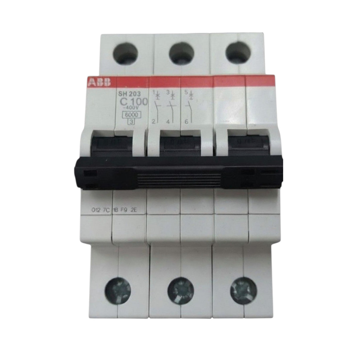 ABB SH203 C63 400V modular circuit breaker with a black front handle and red brand strip, shown on a plain white background.
