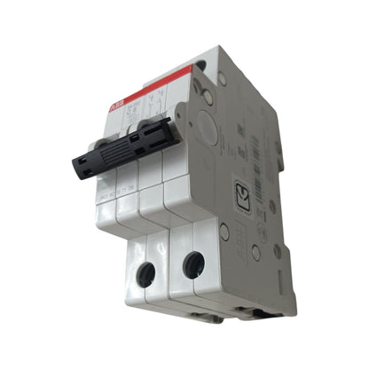 A compact modular electrical circuit breaker module with a white plastic housing, a black toggle switch handle, and a red label on a clean white background.