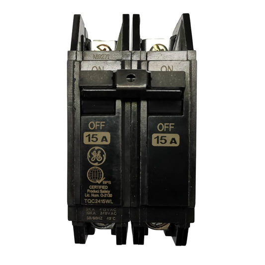 GE 15A 2 Pole Circuit Breaker with On and Off switch for electrical safety