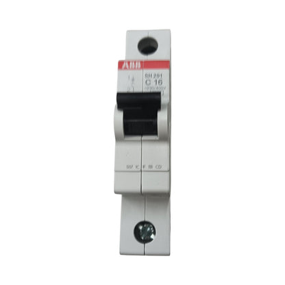 An ABB single-pole circuit breaker, model SH201 C16, shown vertically against a plain white background.