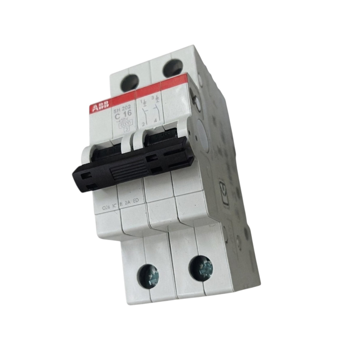 A white plastic circuit breaker with a black toggle switch and a red label, photographed on a plain white background.