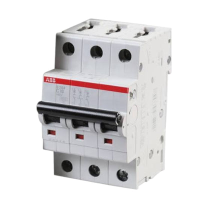 An ABB circuit breaker module, model C16 3P, shown on a plain white background. The device is primarily white plastic with a prominent red stripe, a black front handle, and black terminal holes.