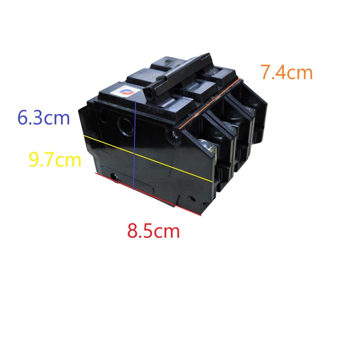 GE TQC 20A 3P Bolt On Circuit Breakers with dimensions 6.3cm x 7.4cm x 8.5cm