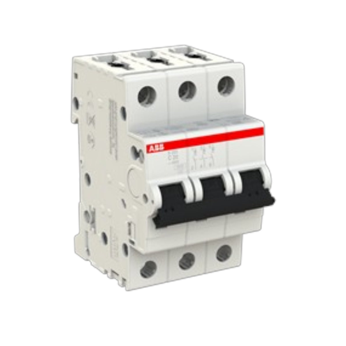 An industrial electrical circuit breaker from the brand ABB, featuring a white plastic housing, black switch handles, and a red brand accent strip on the front.