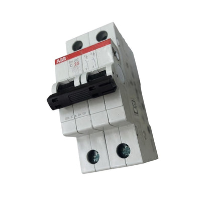 An ABB circuit breaker with a white plastic housing, a black lever handle, and a red label, shown on a plain white background.