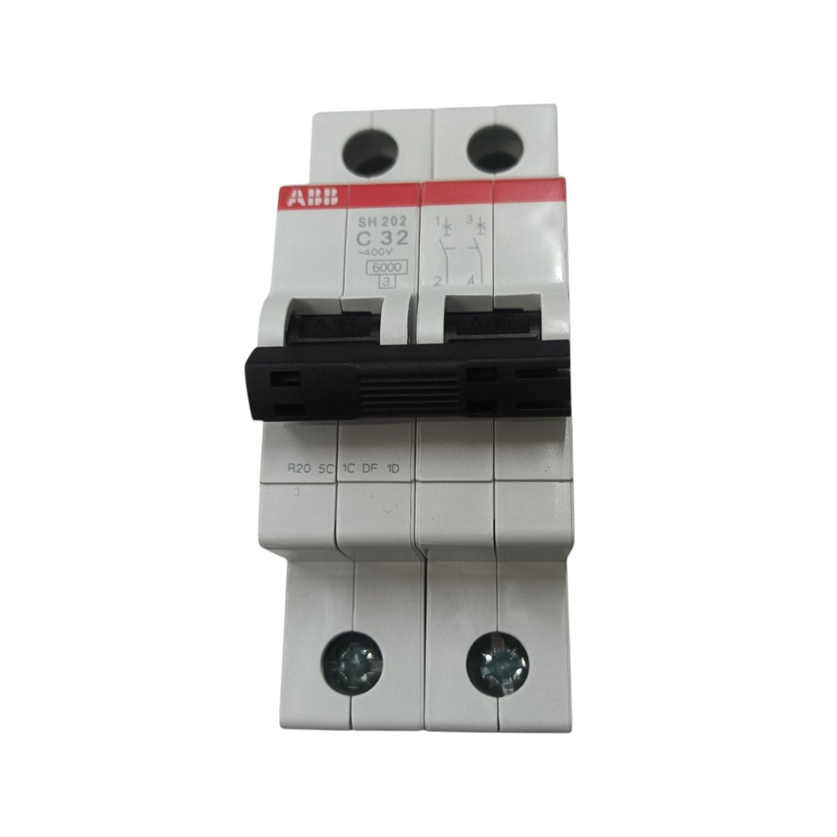 An ABB circuit breaker with a white plastic housing, a black central handle, and a red brand accent strip on a white background.