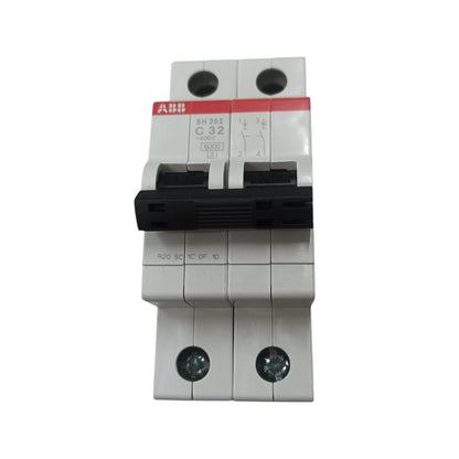 An ABB circuit breaker with a white plastic housing, a black central handle, and a red brand accent strip on a white background.