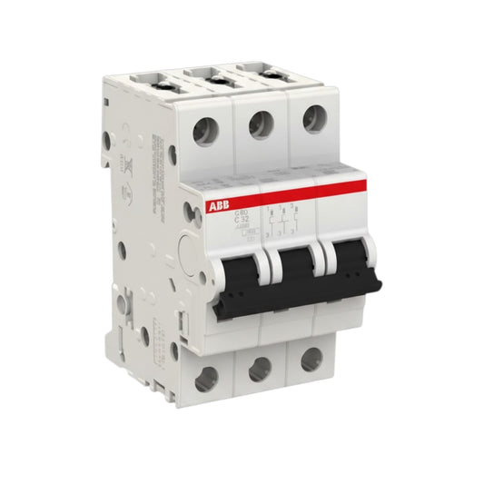 An ABB modular electrical circuit breaker module, featuring a white plastic housing with a red and white brand label and black trip handles, shown on a solid white background.