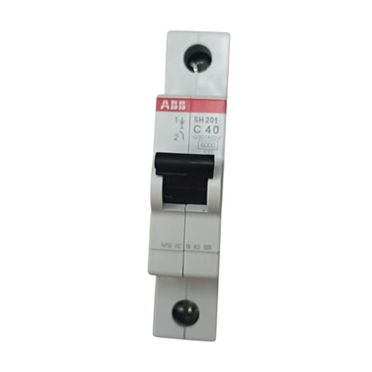 An ABB single-pole circuit breaker, model SM201 C40, with a white plastic housing, black switch lever, and red brand label, shown on a plain white background.