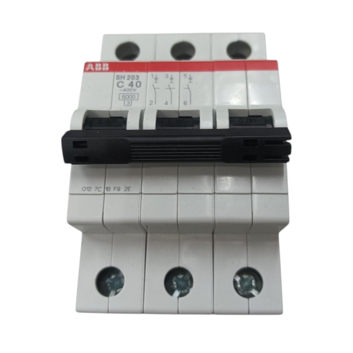 ABB circuit breaker module with a black front latch and white plastic housing on a plain white background.