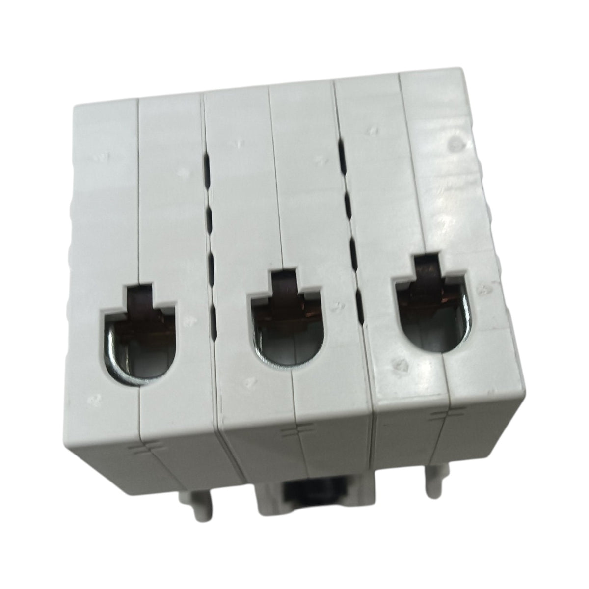 A three-terminal electrical terminal block connector with a light gray plastic housing and dark metal contact points, shown on a plain white background.