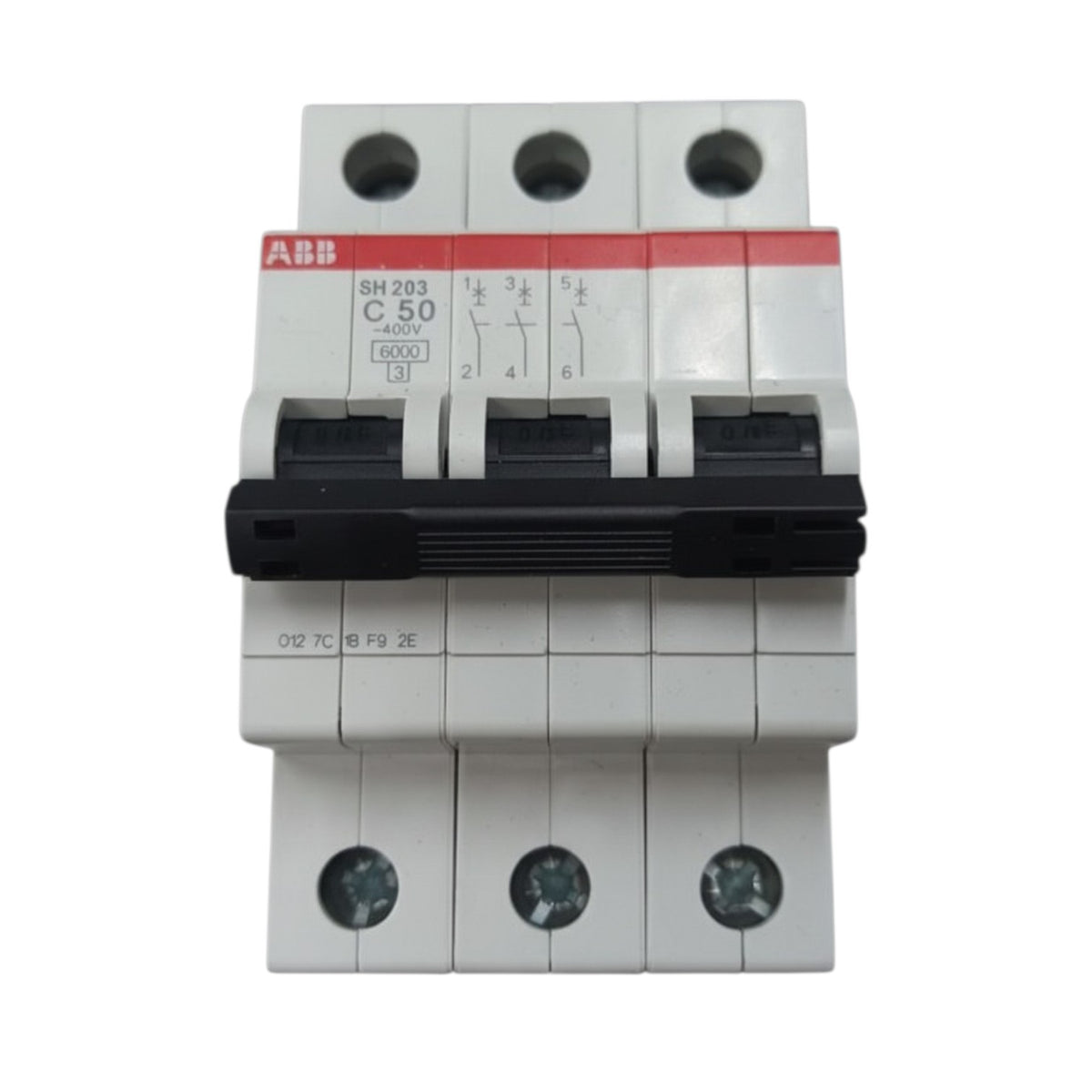 ABB SM 208 C 5.0 A 3P modular circuit breaker with a black front latch and white plastic housing, shown on a plain white background.