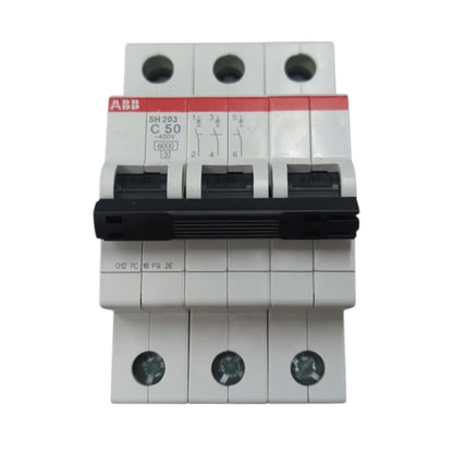 ABB SM 208 C 5.0 A 3P modular circuit breaker with a black front latch and white plastic housing, shown on a plain white background.