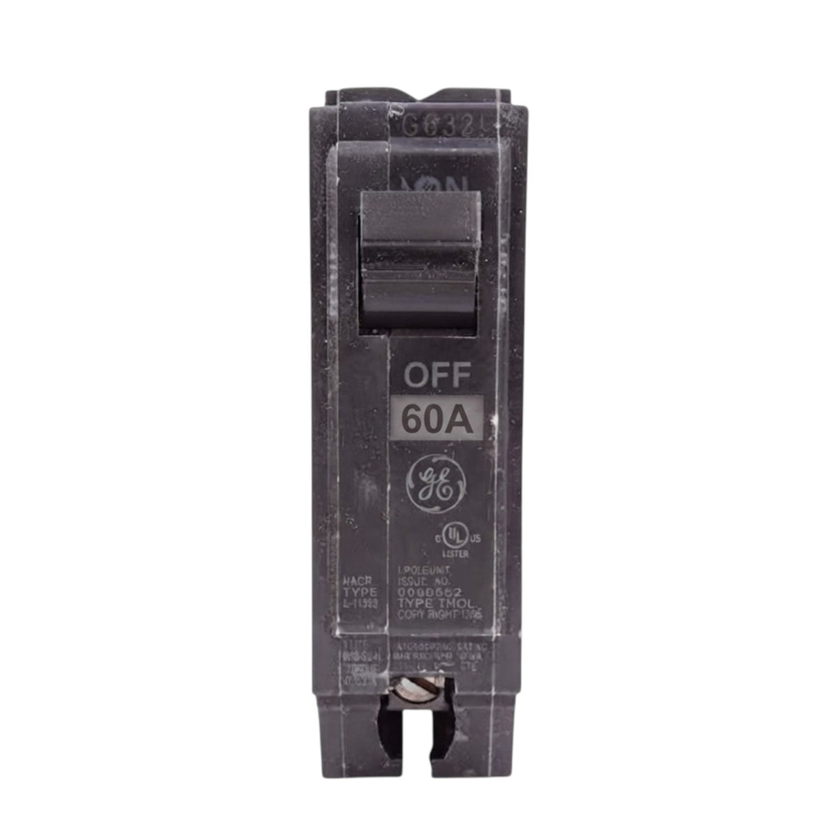 A GE 60A breaker in the OFF position, shown vertically against a plain white background.