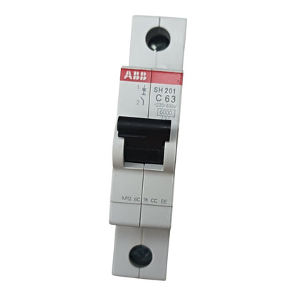 ABB single-pole circuit breaker with a white plastic housing, black switch lever, and a red and white label showing model SH 201 C 63.