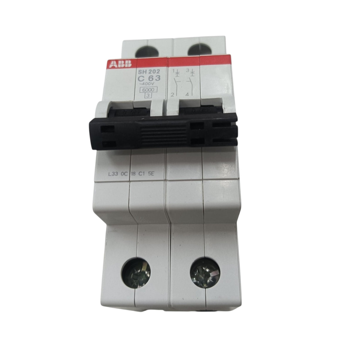 An ABB DH 203 C 63 marine double-pole circuit breaker with a black handle and white plastic housing, shown on a plain white background.