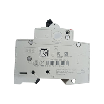 ABB industrial electrical component, specifically a circuit breaker module, showing the back side with technical specifications, barcodes, and certification logos on a white background.