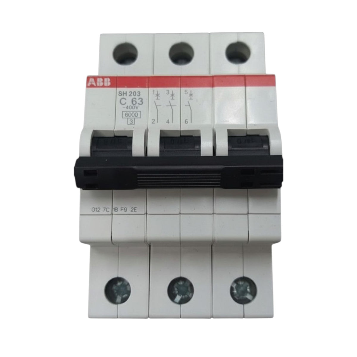 ABB SH203 C63 400V modular circuit breaker with a black front handle and red brand strip, shown on a plain white background.