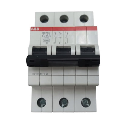 ABB SH203 C63 400V modular circuit breaker with a black front handle and red brand strip, shown on a plain white background.