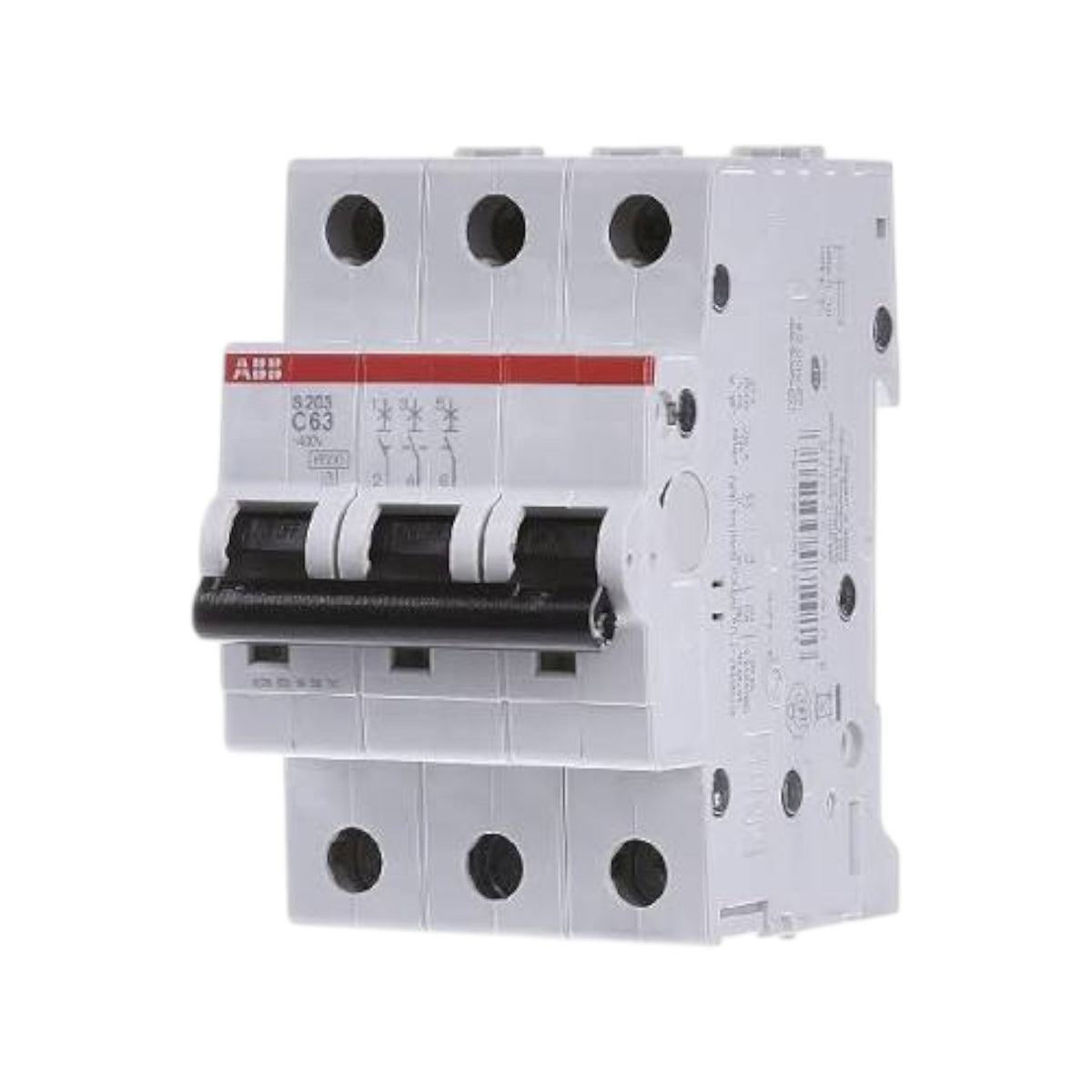 An ABB DH 203 C 63 marine double-pole circuit breaker with a black handle and white plastic housing, shown on a plain white background.