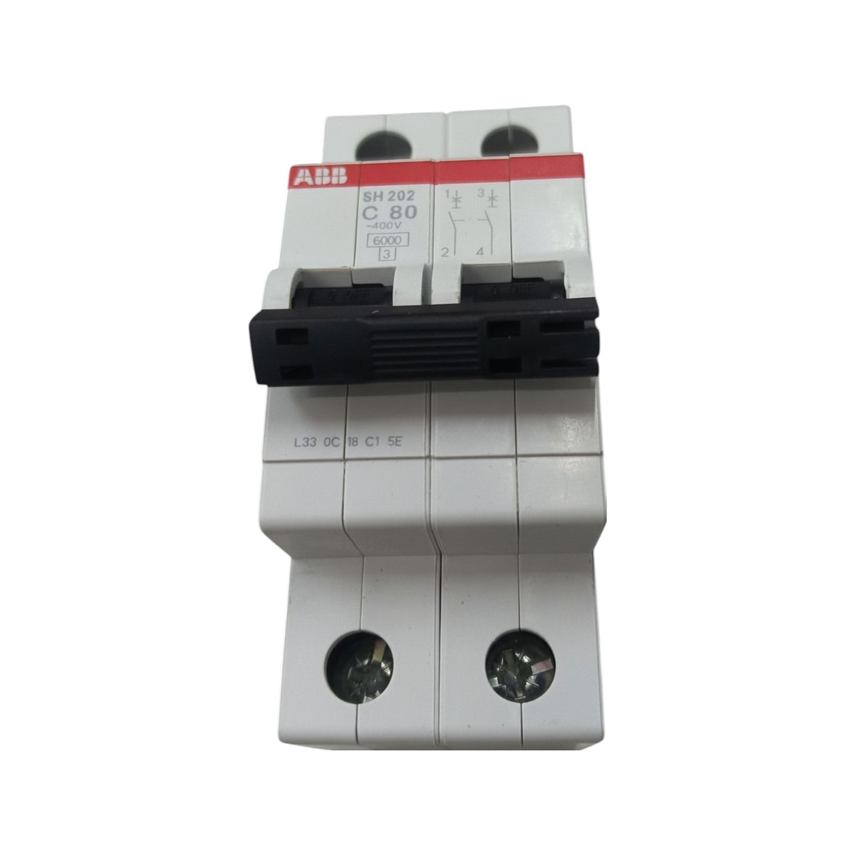 ABB C20 circuit breaker module, white plastic housing with a black switch handle and a red ABB logo label, shown on a plain white background.