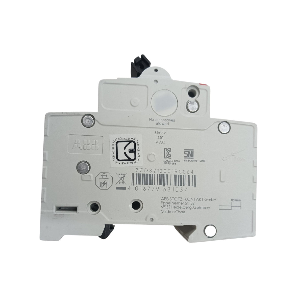 ABB industrial electrical component, specifically a circuit breaker module, showing the back side with technical specifications, barcodes, and certification logos on a white background.