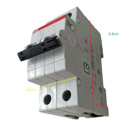 A modular electrical circuit breaker module shown on a plain white background with colored dimension lines and text labels indicating measurements of 6.8 cm, 3.