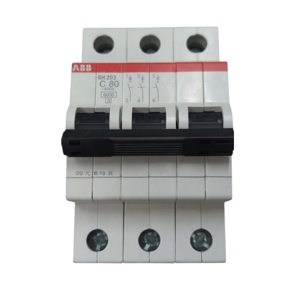 ABB SH203 C63 400V modular circuit breaker with a black front handle and red brand strip, shown on a plain white background.