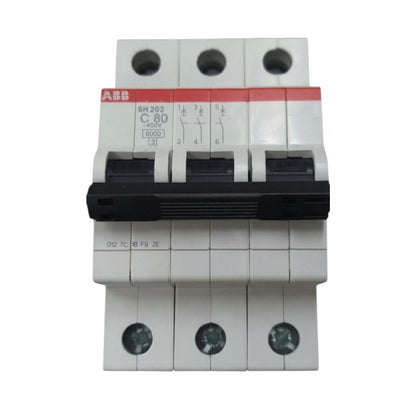 ABB SH203 C63 400V modular circuit breaker with a black front handle and red brand strip, shown on a plain white background.