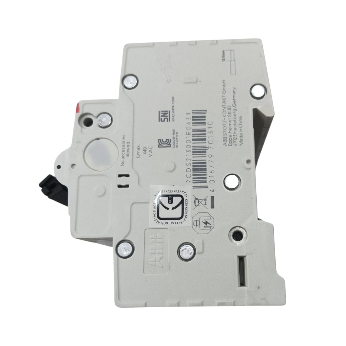 A gray plastic electrical component or terminal block with printed specifications, barcodes, and mounting holes, photographed on a white background.