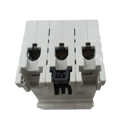 A three-phase electrical terminal block connector with white plastic housing and a black central release latch, shown on a plain white background.
