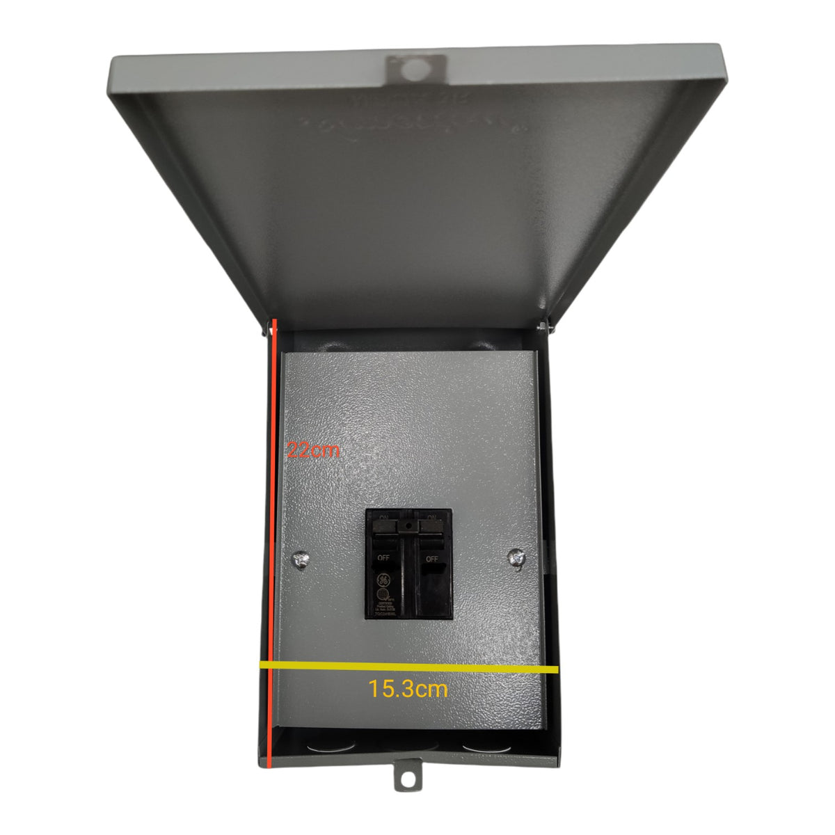 Metal box with a cutout for a component, showing dimensions on a white background Bolt On Circuit Breaker 2pole with Nema 3r Enclosure Avialable in 15A, 20A 30A  40A 50A 60A 70A 100A at Electx Electrical SUpply