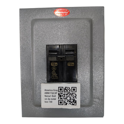 Electrical panel with two circuit breakers and a visible brand label on a white background 70A 2pole Bolt On circuit Breaker with Nema 1 Metal Enclosure available at Electx Electrical SUpply