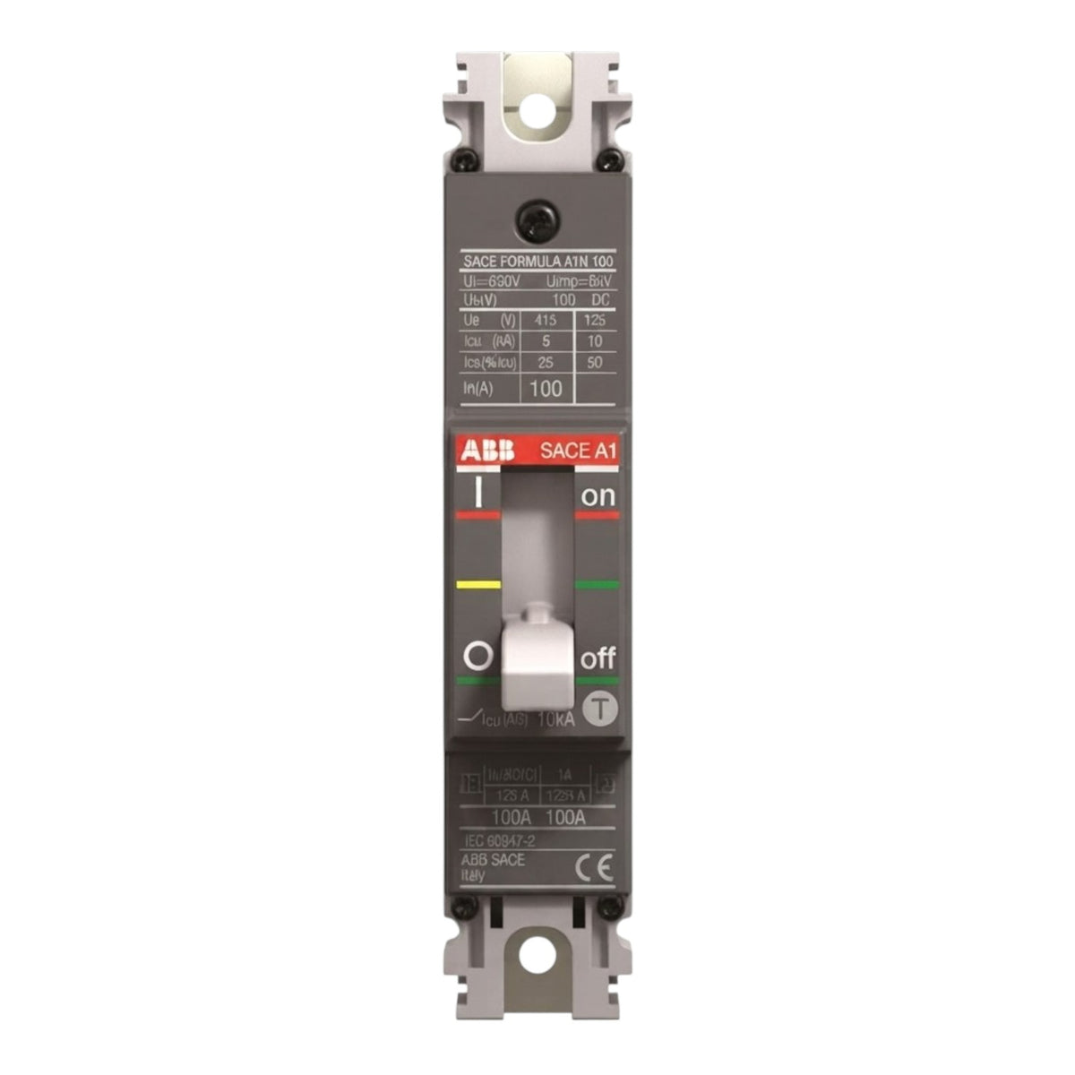 ABB SACE Formula A6 500 SACE.A1 circuit breaker with a central switch handle, shown on a solid white background.