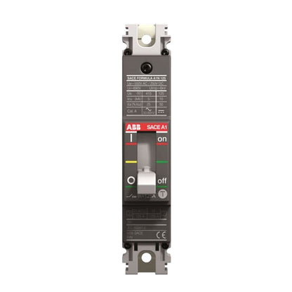 ABB SACE1 SAE 230V AC circuit breaker with a dark gray plastic housing, white terminal blocks, and a central switch handle showing 'on' and 'off' positions.