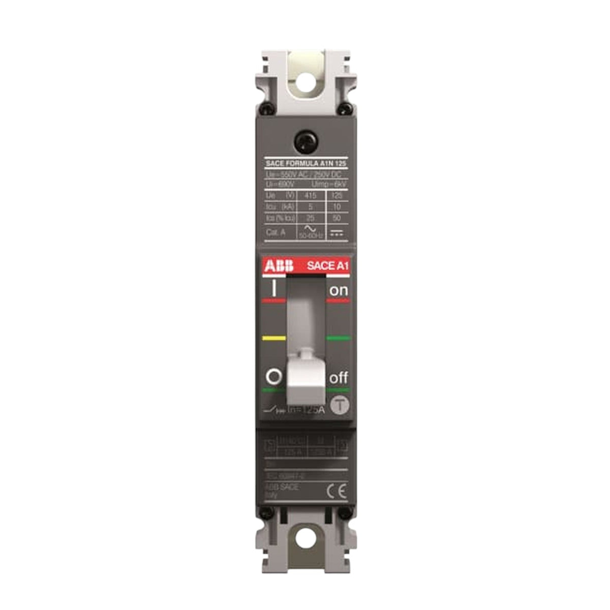 ABB SACE1 SAE 230V AC circuit breaker with a dark gray plastic housing, white terminal blocks, and a central switch handle showing 'on' and 'off' positions.