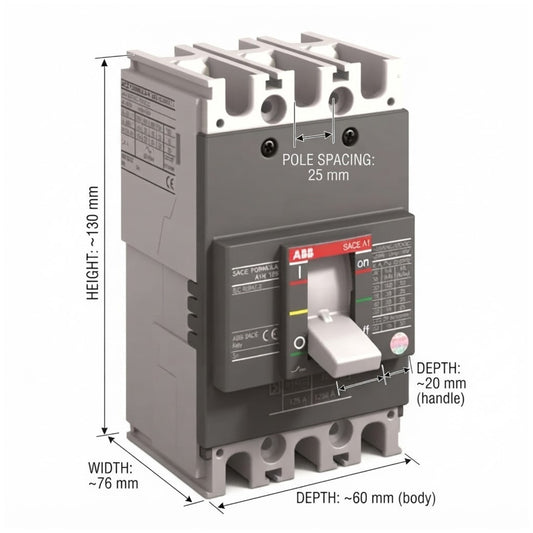 ABB Salt 4000 A/M circuit breaker with dimension annotations showing height, width, and depth measurements on a white background.
